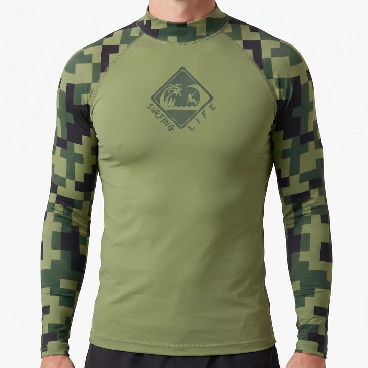 Front view of men's long sleeve rash guard. Snug fit, durable swimwear for water sports & sun.