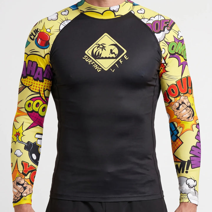 Side view of men's long sleeve rash guard. Flexible athletic top, UPF 50+ for beach and water sports.