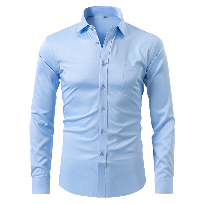 Classic button-up men's long sleeve dress shirt, stretch fabric for comfortable professional and formal wear.