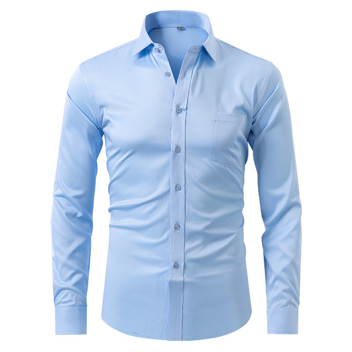 Classic button-up men's long sleeve dress shirt, stretch fabric for comfortable professional and formal wear.