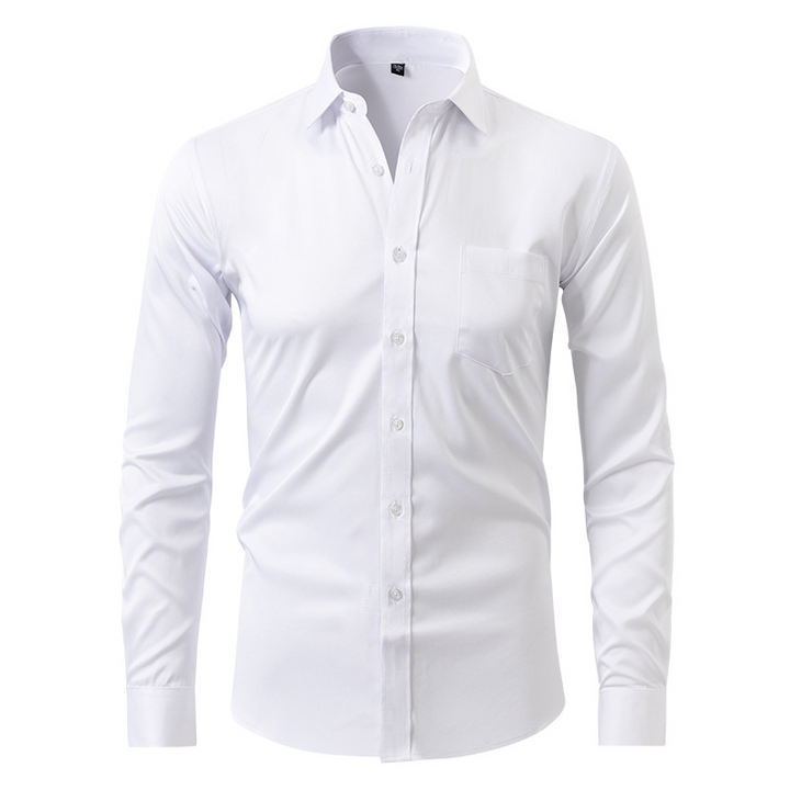 Formal men's long sleeve dress shirt with stretch fit, essential professional attire for business meetings.