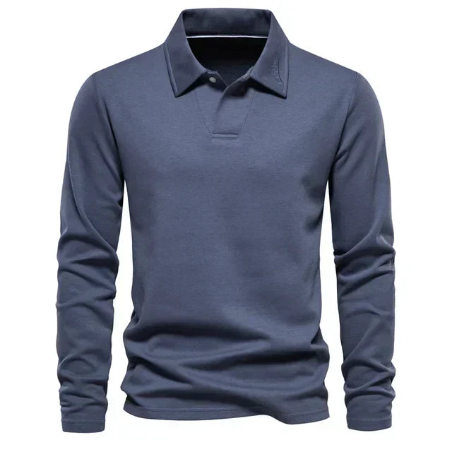 Classic men's long-sleeve polo shirt, turn-down collar. Essential for versatile layering & smart casual style.