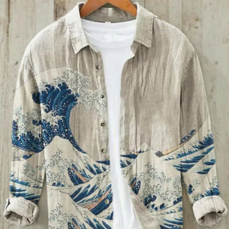 Men's long sleeve vintage Japanese Great Wave art print shirt; button-up, relaxed fit for casual wear.