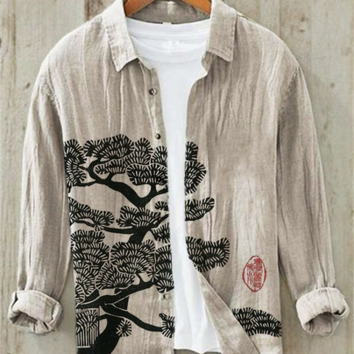 Men's long sleeve casual shirt, vintage Japanese Great Wave art print; button-up, cultural fashion, relaxed fit.