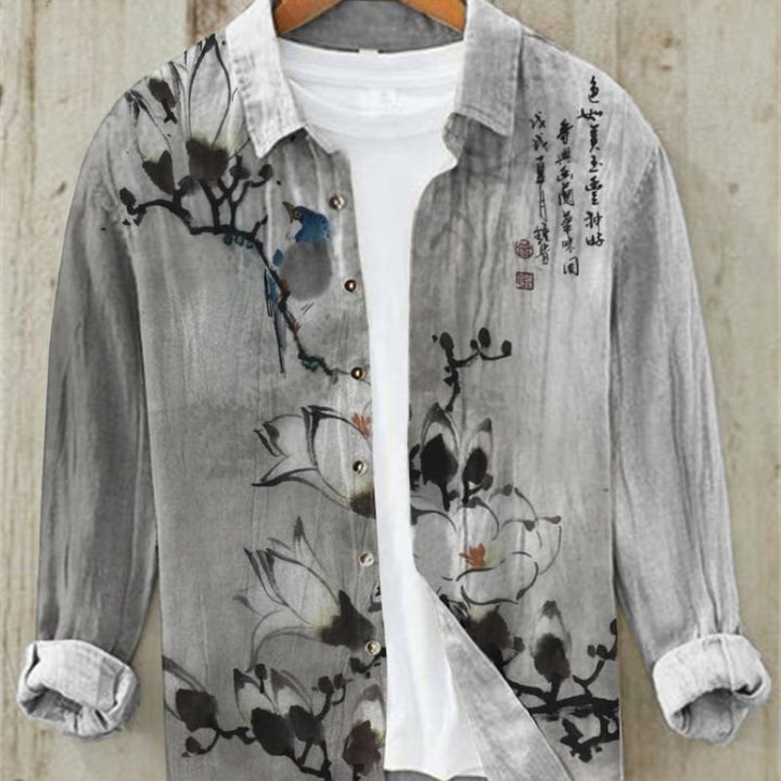 Men's vintage Japanese art print long sleeve shirt, "Great Wave" design; button-up, relaxed fit, casual wear.
