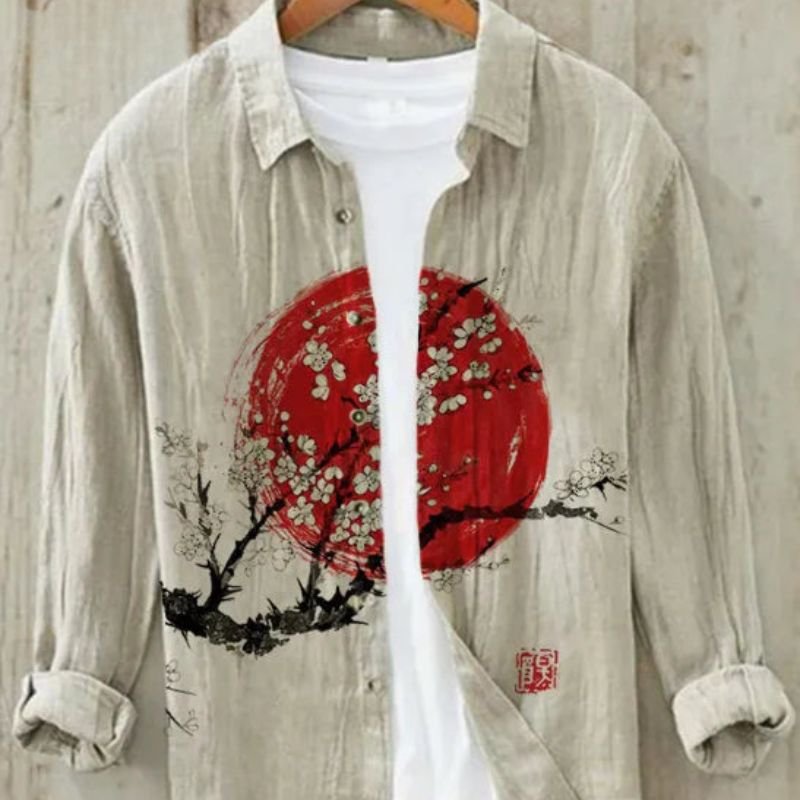 Vintage style men's button-up shirt featuring iconic Great Wave Japanese art print; perfect for casual fashion.