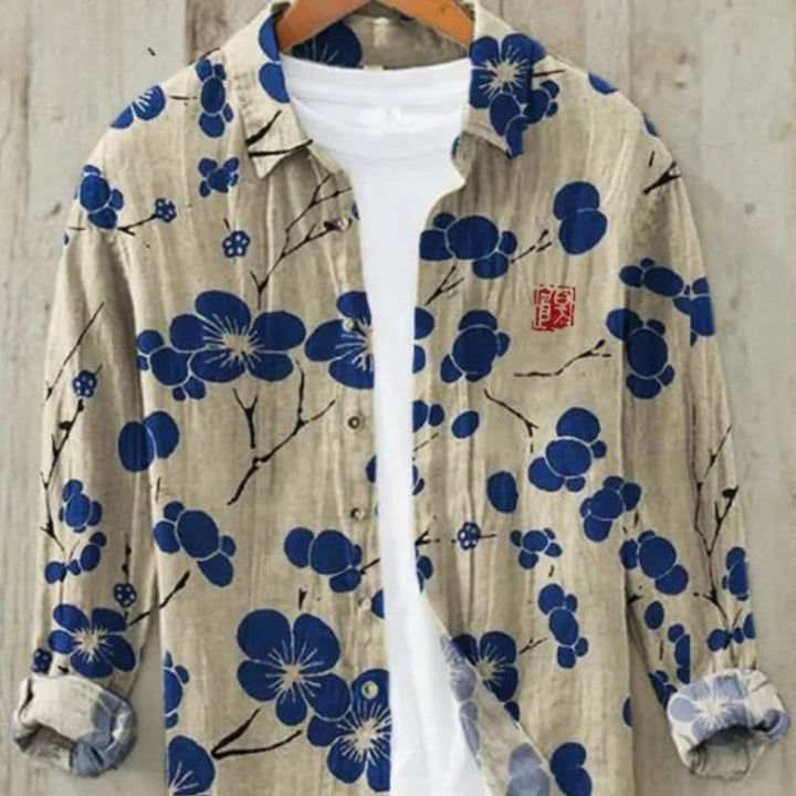 Detailed Great Wave Japanese art print on a men's long sleeve vintage shirt; cultural fashion, relaxed fit.