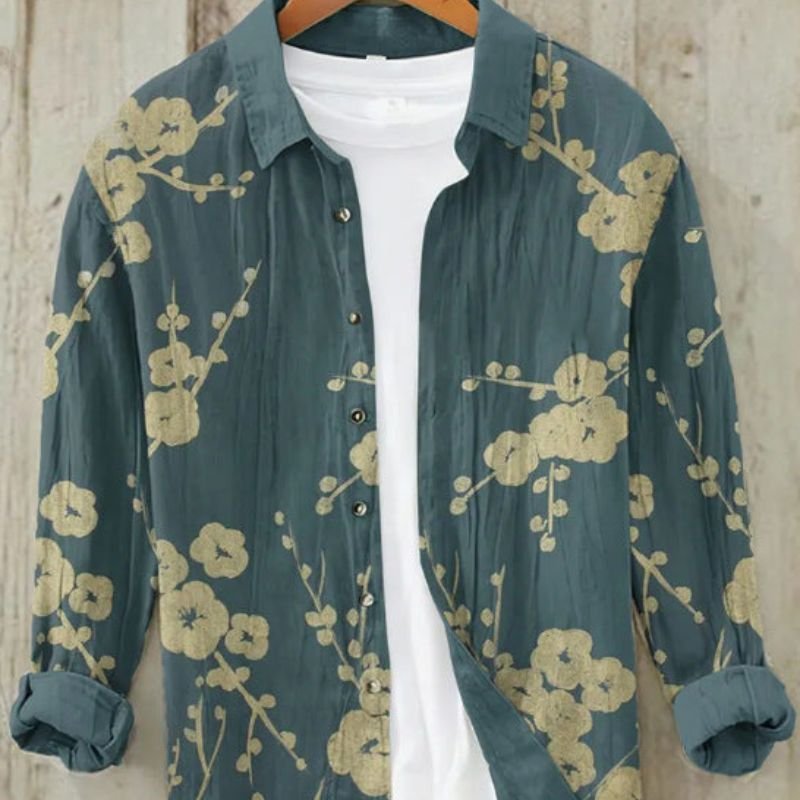 Relaxed fit men's long sleeve top with a striking vintage Japanese Great Wave art design; casual cultural fashion.