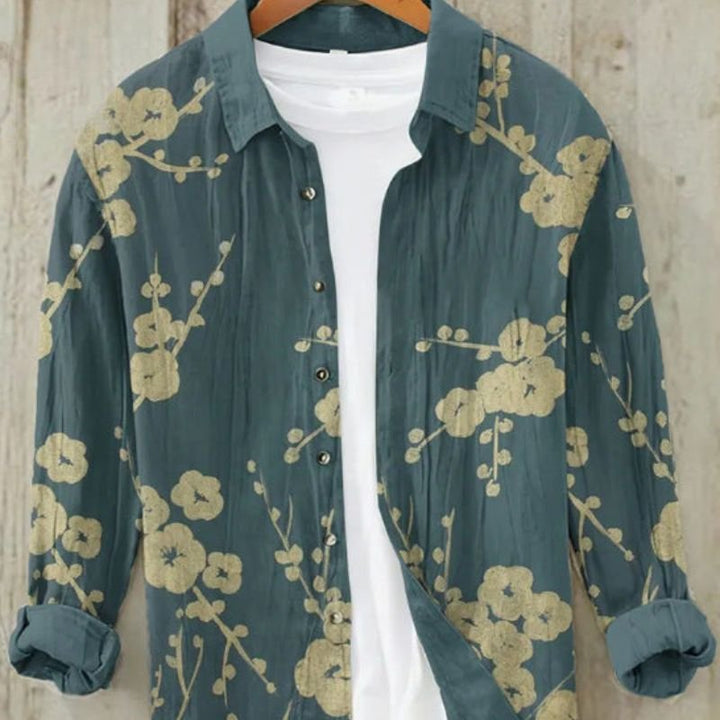 Relaxed fit men's long sleeve top with a striking vintage Japanese Great Wave art design; casual cultural fashion.