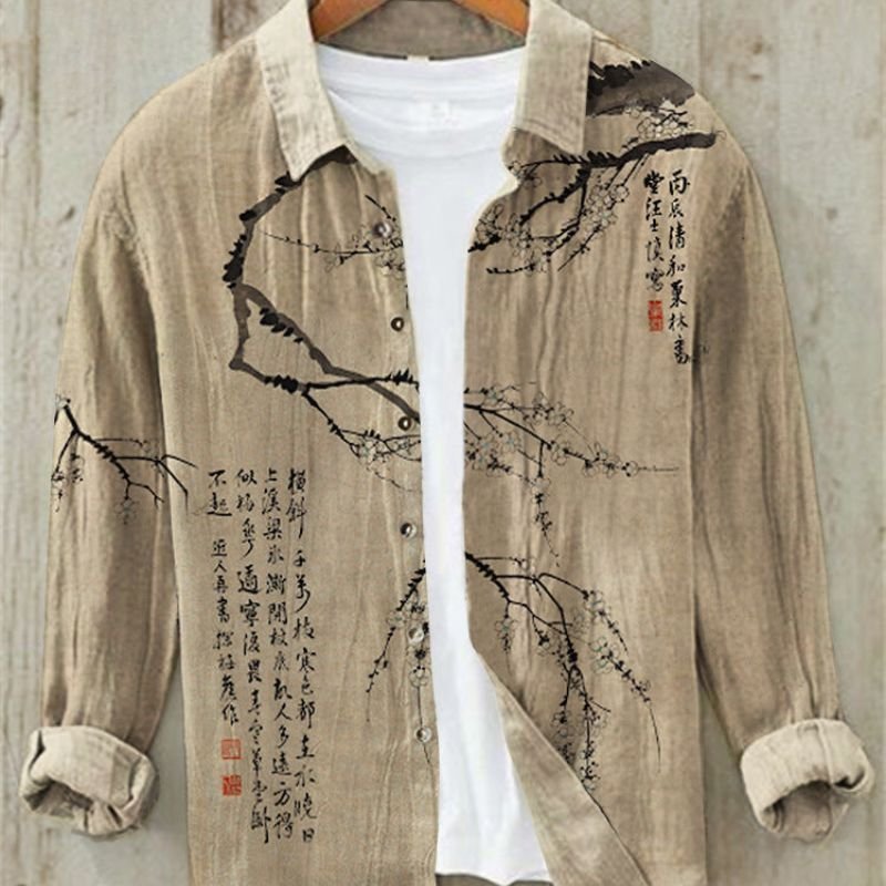 Casual men's summer top, long sleeve with a unique Great Wave Japanese art print; vintage look, button-up.