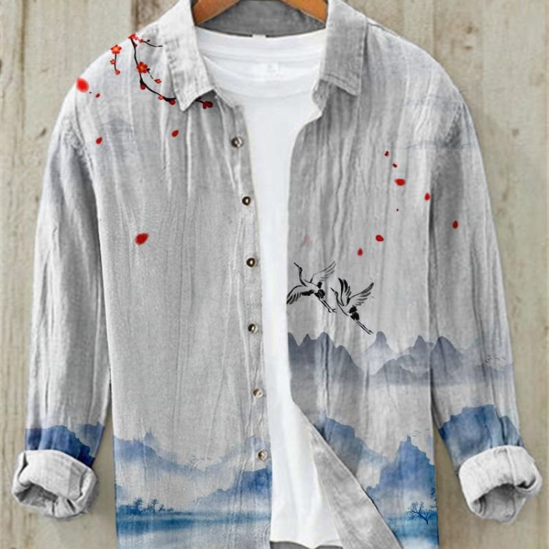 Men's vintage Japanese Great Wave art print long sleeve button-up shirt; cultural fashion for casual wear.
