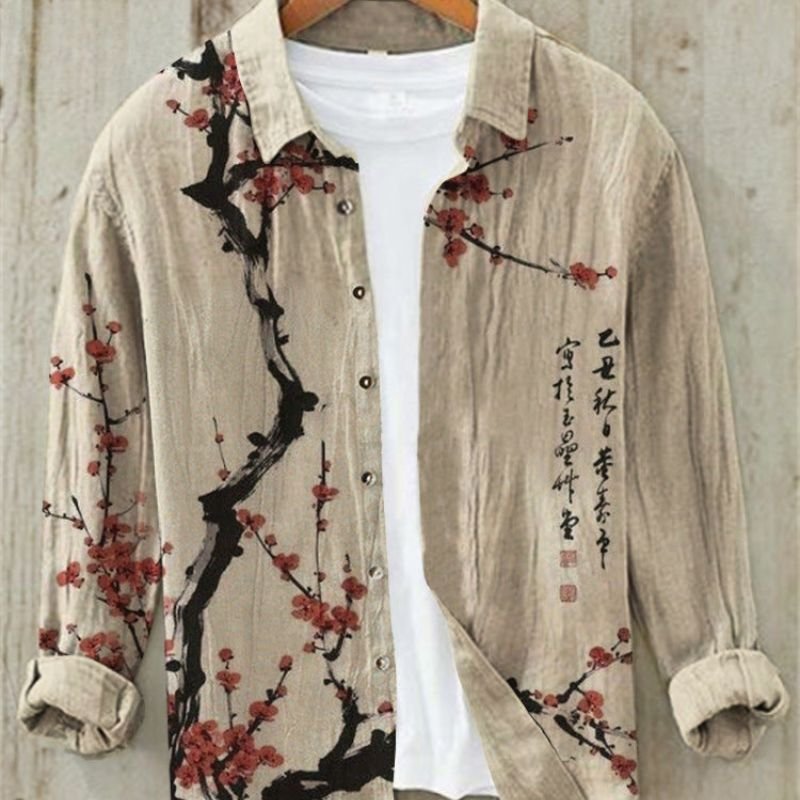 Comfortable men's long sleeve shirt, vintage Japanese Great Wave art print; cultural and stylish relaxed fit.