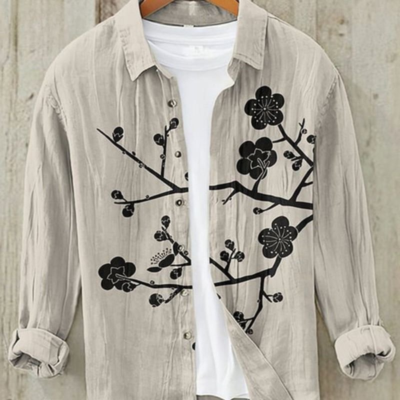 Stylish men's long sleeve top with a vintage Great Wave Japanese art print; button-up, perfect for casual fashion.