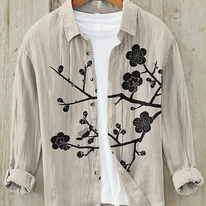 Stylish men's long sleeve top with a vintage Great Wave Japanese art print; button-up, perfect for casual fashion.