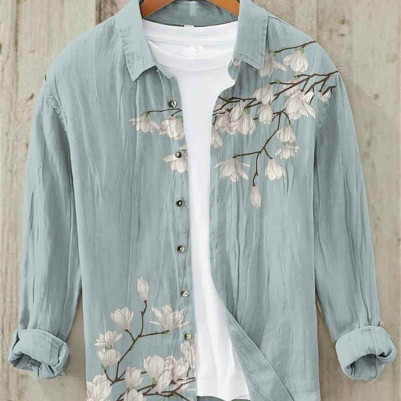 Cultural men's long sleeve shirt, vintage Japanese Great Wave art; relaxed fit, button-up, ideal for casual style.