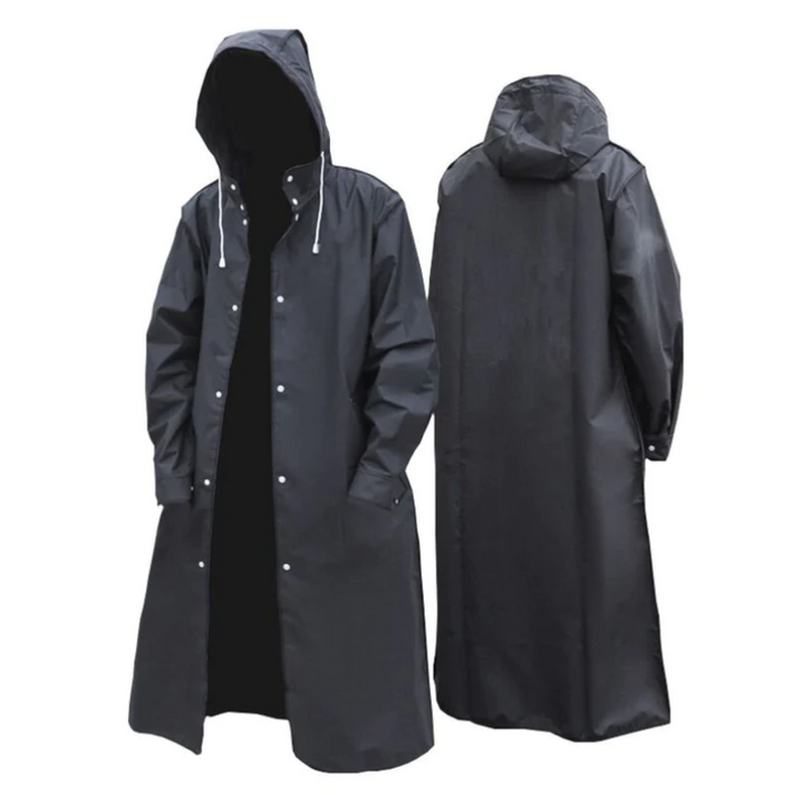 Men's long waterproof black rain jacket with an adjustable hood, ideal for all-weather protection and stylish outerwear.