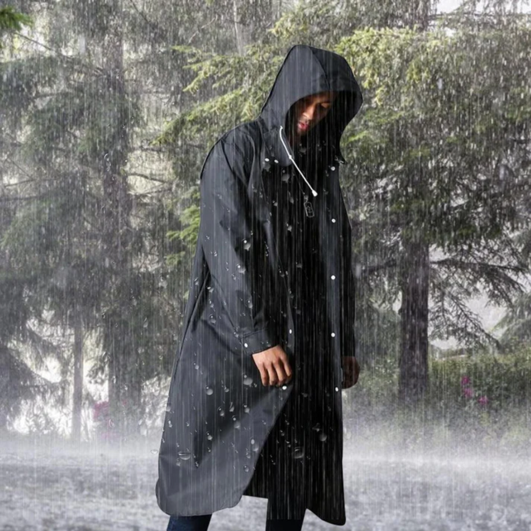 Durable men's long waterproof raincoat with a hood, offering ultimate rain protection for all outdoor activities.