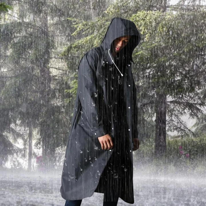 Durable men's long waterproof raincoat with a hood, offering ultimate rain protection for all outdoor activities.