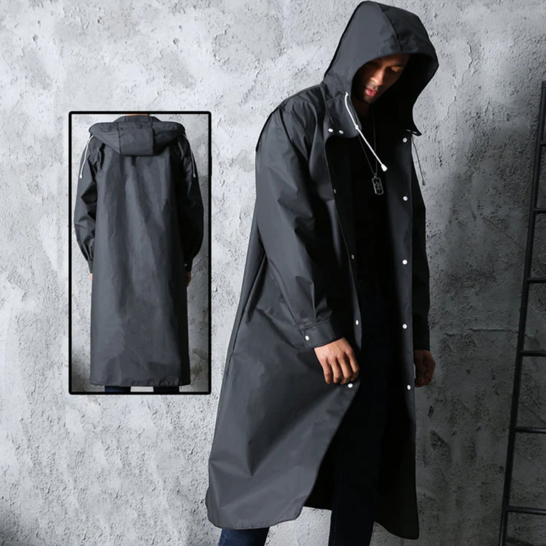 Stylish men's long hooded raincoat, a durable waterproof jacket designed for versatile all-weather outdoor wear.