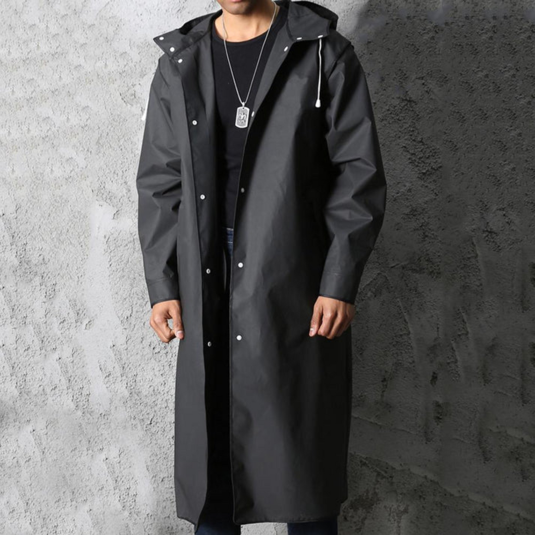 Men's all-weather long waterproof rain jacket with a functional hood for ultimate protection and comfort.