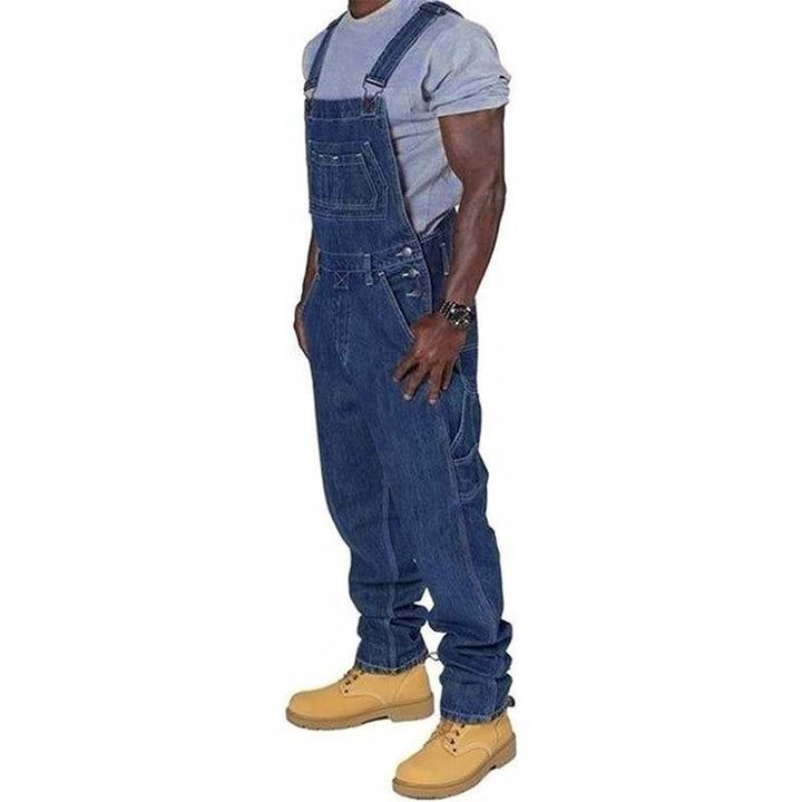 Durable men's workwear bib overalls showcasing ample multi-pockets and adjustable shoulder straps for utility.