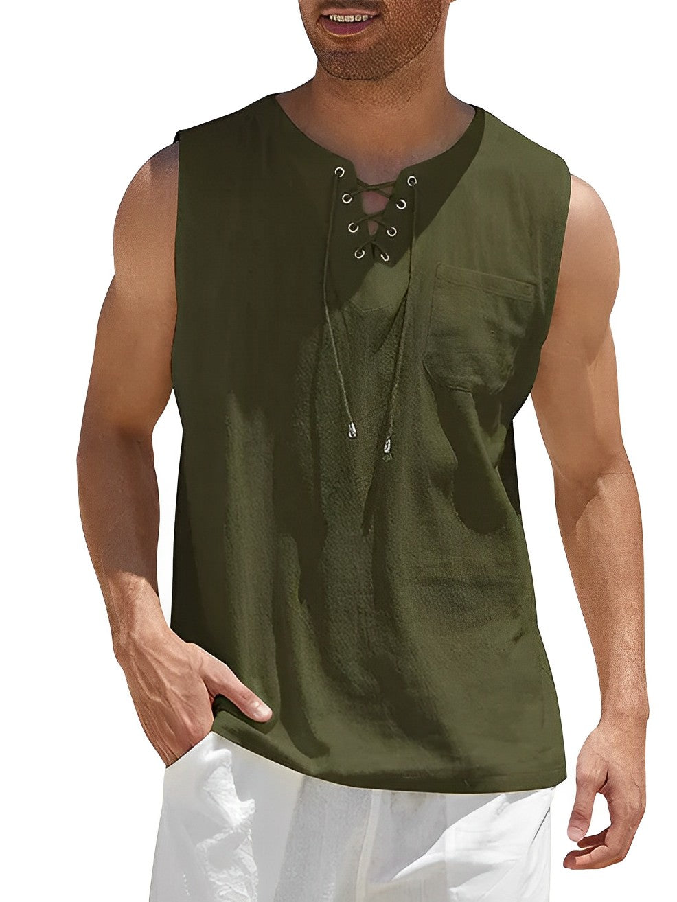 Men's loose-fit lace-up V-neck tank top, ideal for summer casual wear and beach fashion.