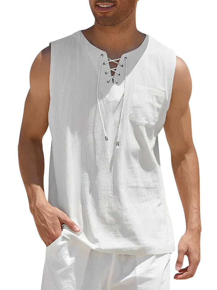 Men's loose-fit V-neck lace-up tank top. Perfect breathable sleeveless apparel for summer and beach fashion.