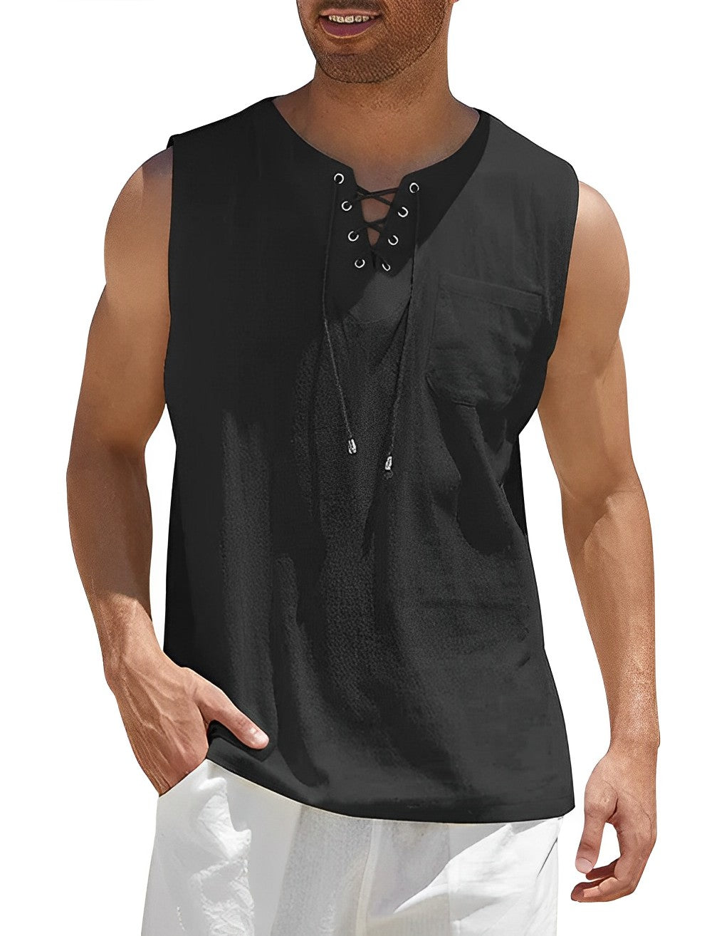 Breathable men's sleeveless V-neck tank top with lace-up detail, perfect for warm weather and comfort.