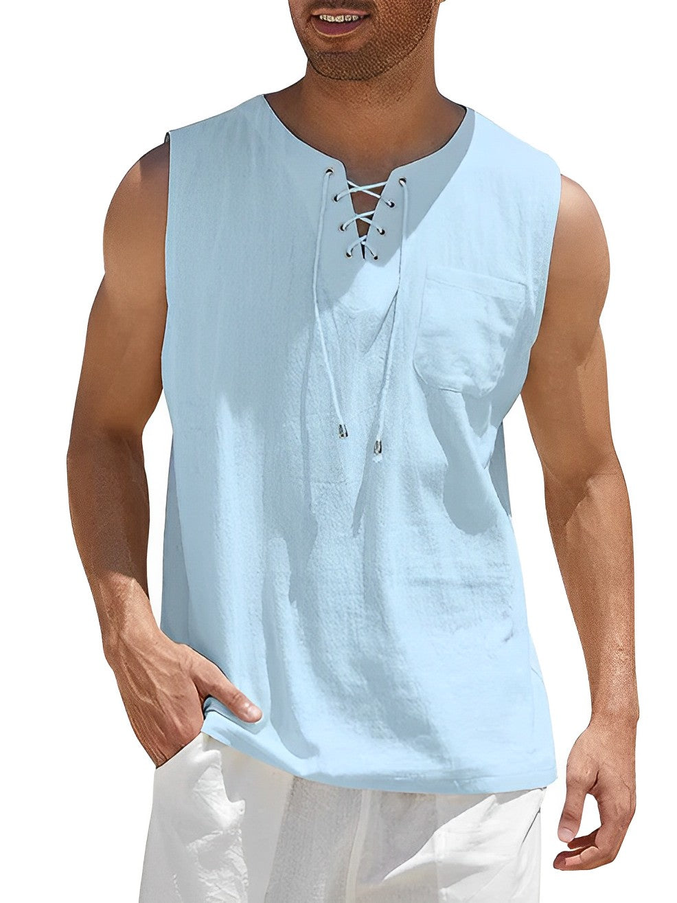 Stylish men's loose-fit V-neck tank top, excellent for summer, holidays, and casual beach outfits.