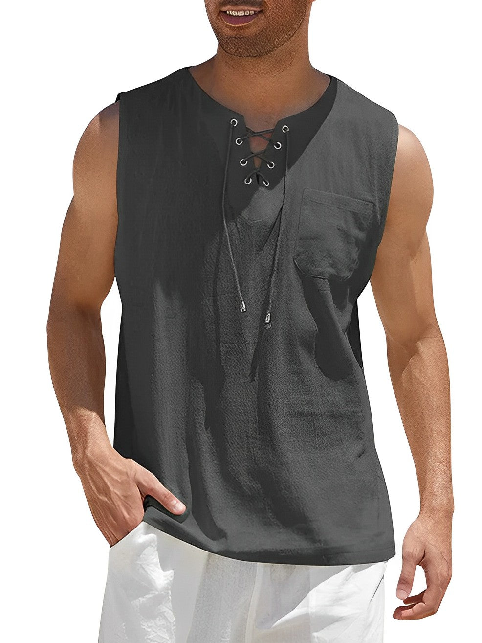 Men's comfortable lace-up V-neck tank top, a loose-fit sleeveless essential for summer and holiday style.