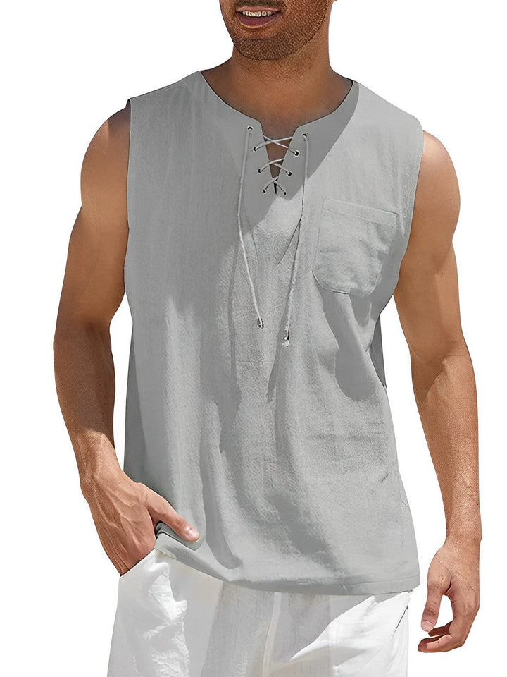 Casual men's V-neck tank top with lace-up front, offering a loose-fit and stylish look for summer days.