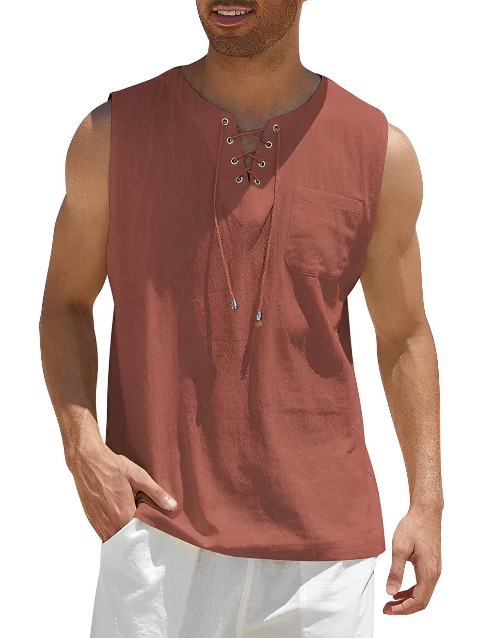 Lace-up V-neck men's tank top in a loose fit, perfect for breathable summer wear and beach outings.
