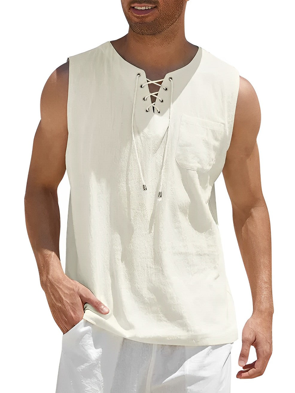 Men's V-neck sleeveless tank top with lace-up front, comfortable and loose-fit for summer and casual apparel.