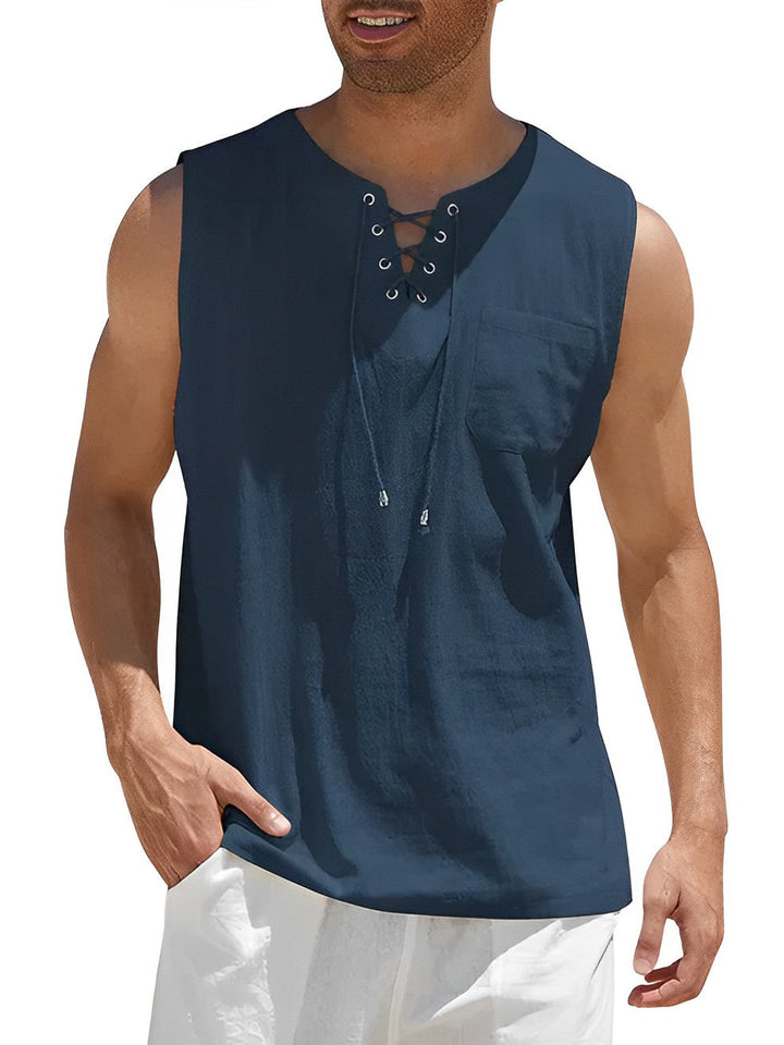 Men's summer loose-fit V-neck tank top, great for beach, holiday, and everyday casual wear. Features lace-up detail.