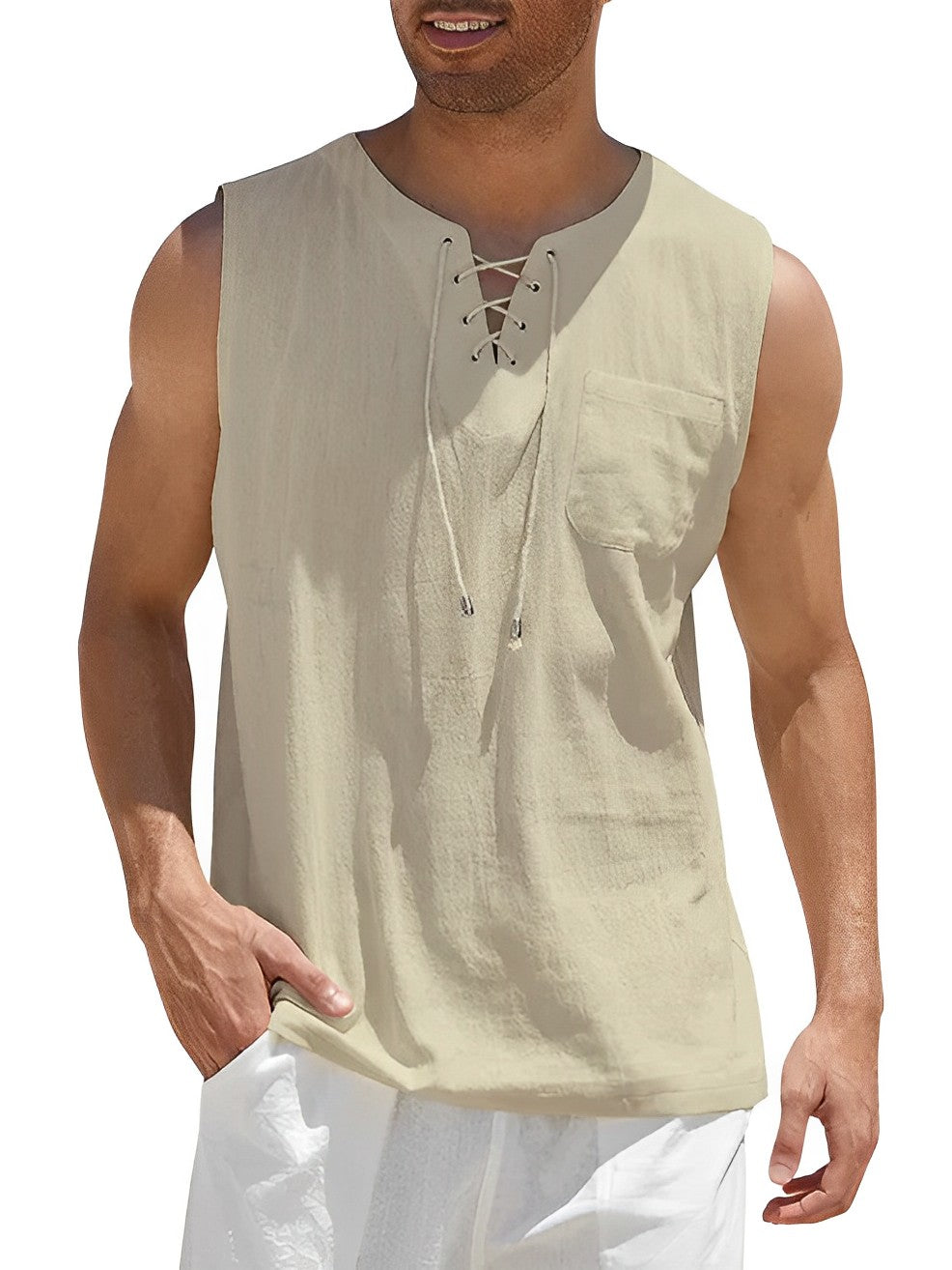 Breathable men's lace-up V-neck tank top, a comfortable loose-fit sleeveless top for stylish summer adventures.