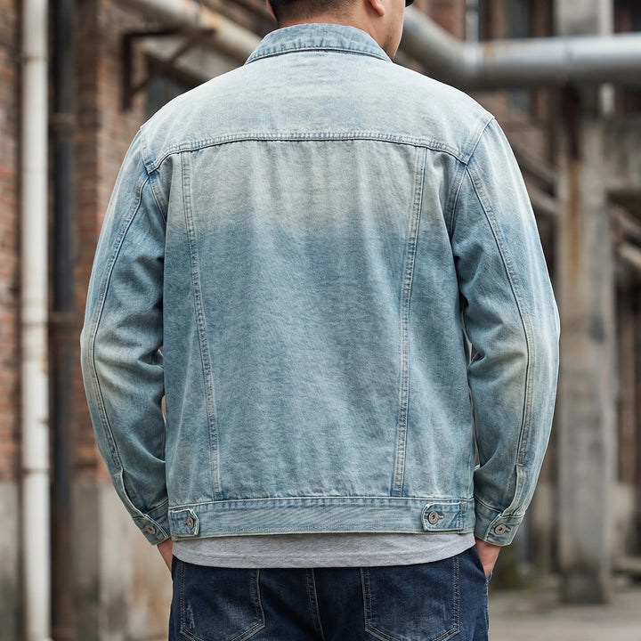 Men's loose fit zip-up denim jacket. Relaxed everyday outerwear, perfect for casual streetwear fashion.