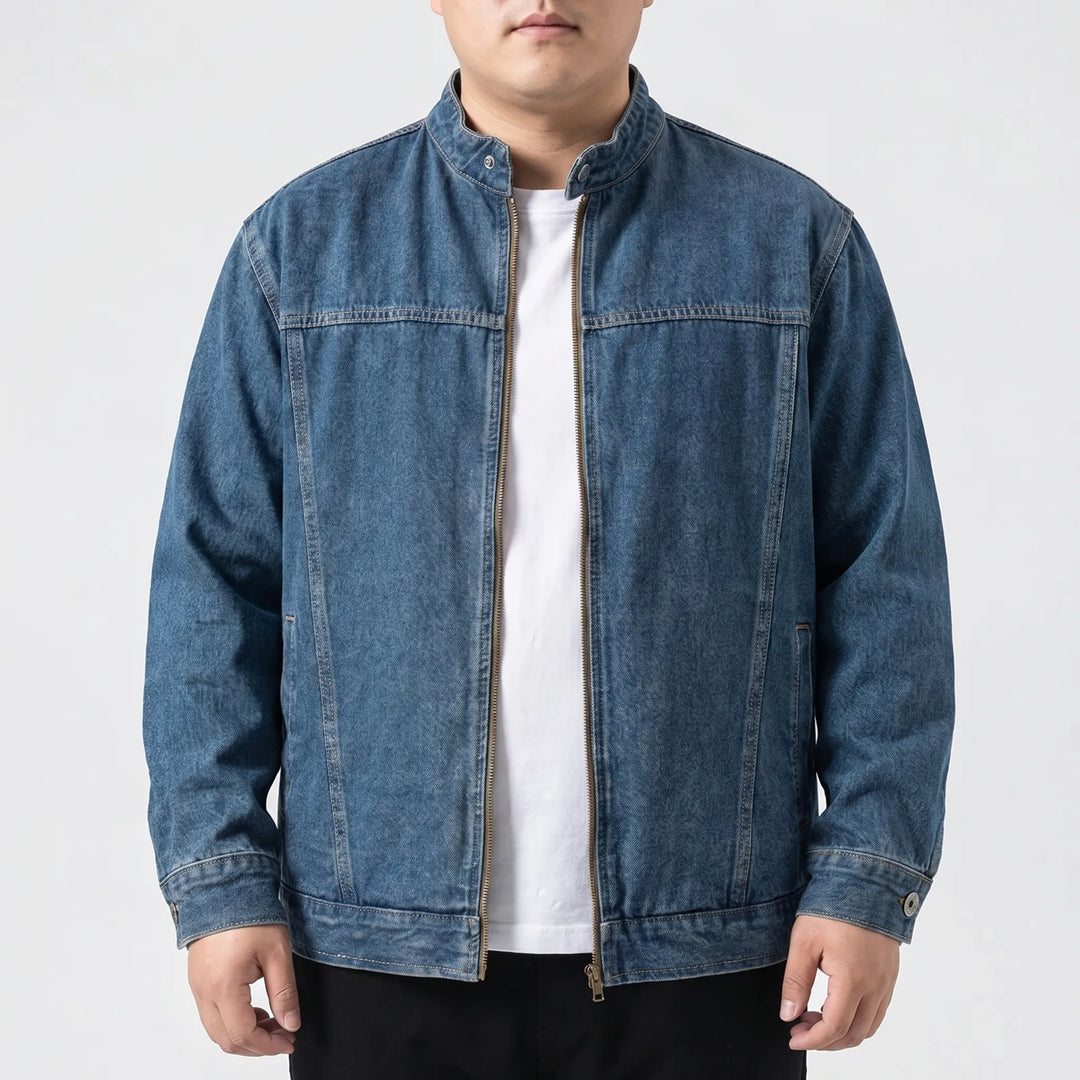 Durable men's denim jacket, loose fit and zip-up, excellent for casual fashion and everyday streetwear.