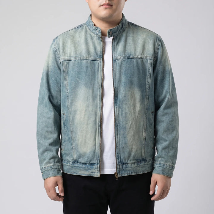 Versatile men's loose fit zip-up denim jacket, perfect casual outerwear for modern men's fashion.
