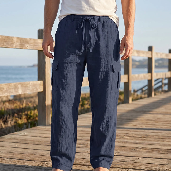 Men's loose straight leg cargo pants in khaki, comfortable for everyday casual wear.
