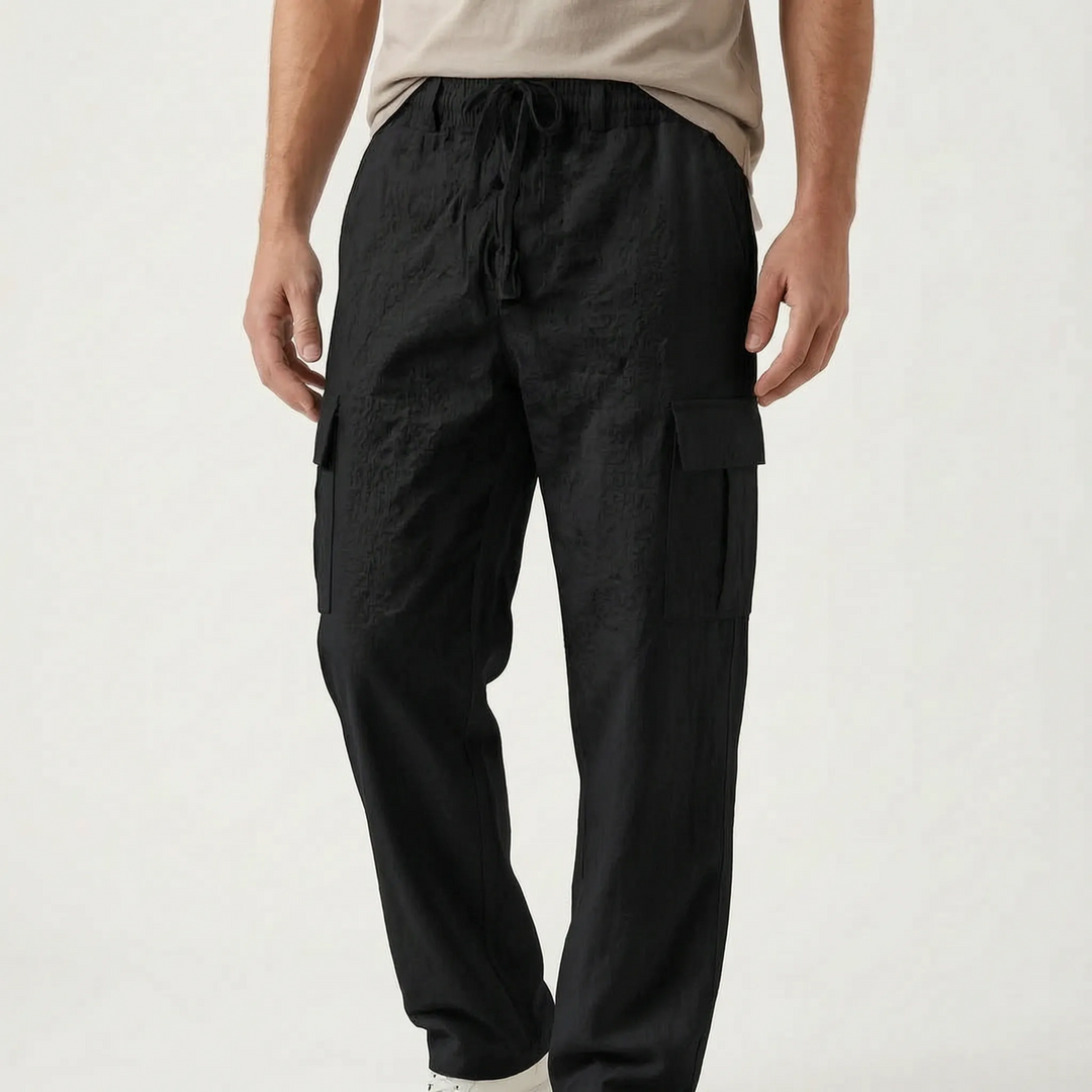 Relaxed fit men's cargo pants with spacious pockets, perfect for casual and comfortable travel.