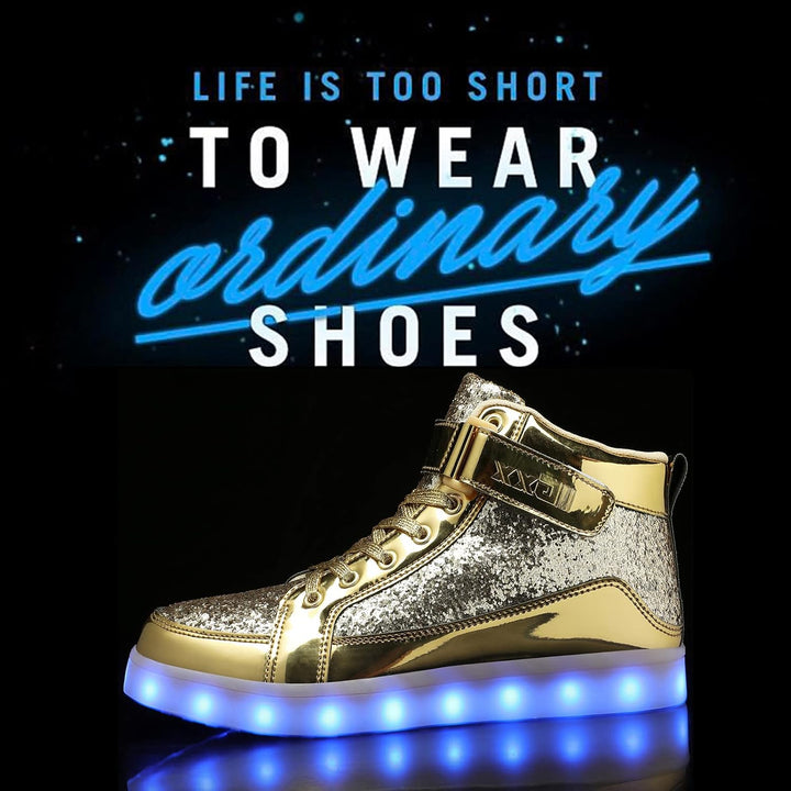 Men's LumaBoost glowing LED athletic shoes, rechargeable light-up sneakers for active fun.