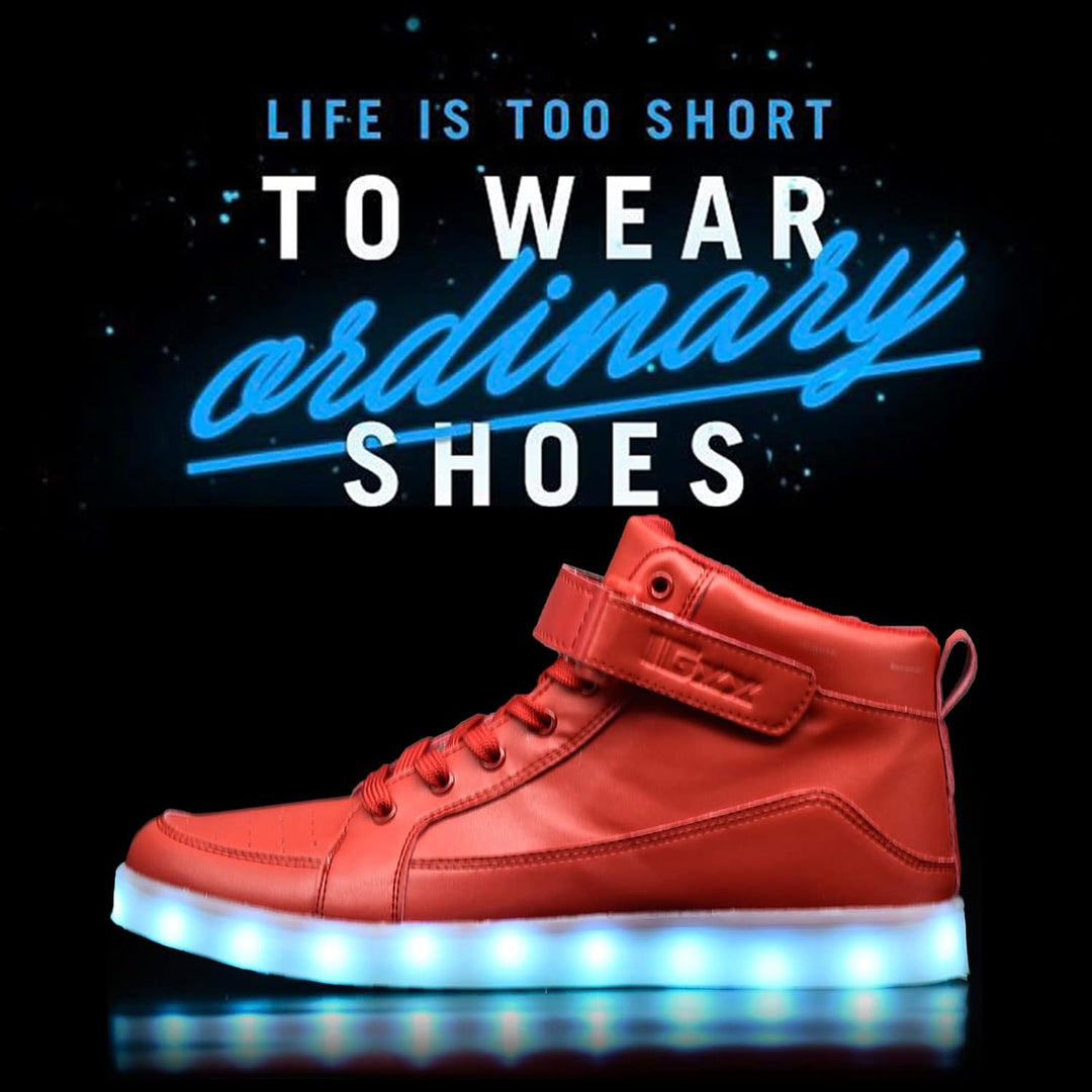 Trendy men's LumaBoost glowing sneakers, rechargeable LED light-up for festivals.