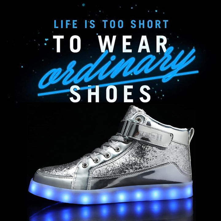 Men's LumaBoost glowing LED fashion sneakers, rechargeable light-up shoes for bold style.