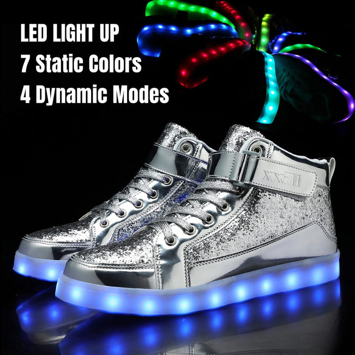 Rechargeable LumaBoost LED light-up shoes for men, vibrant glowing sneakers for events.
