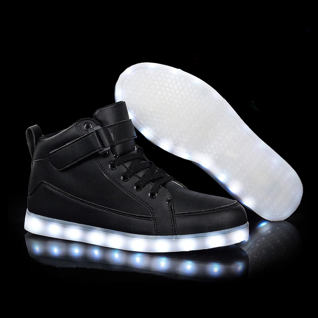 Glowing men's LumaBoost rechargeable LED sneakers, light-up athletic shoes for modern fun.