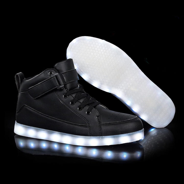 Glowing men's LumaBoost rechargeable LED sneakers, light-up athletic shoes for modern fun.