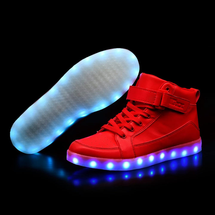 Athletic men's LumaBoost LED shoes, rechargeable light-up sneakers for trendy events.