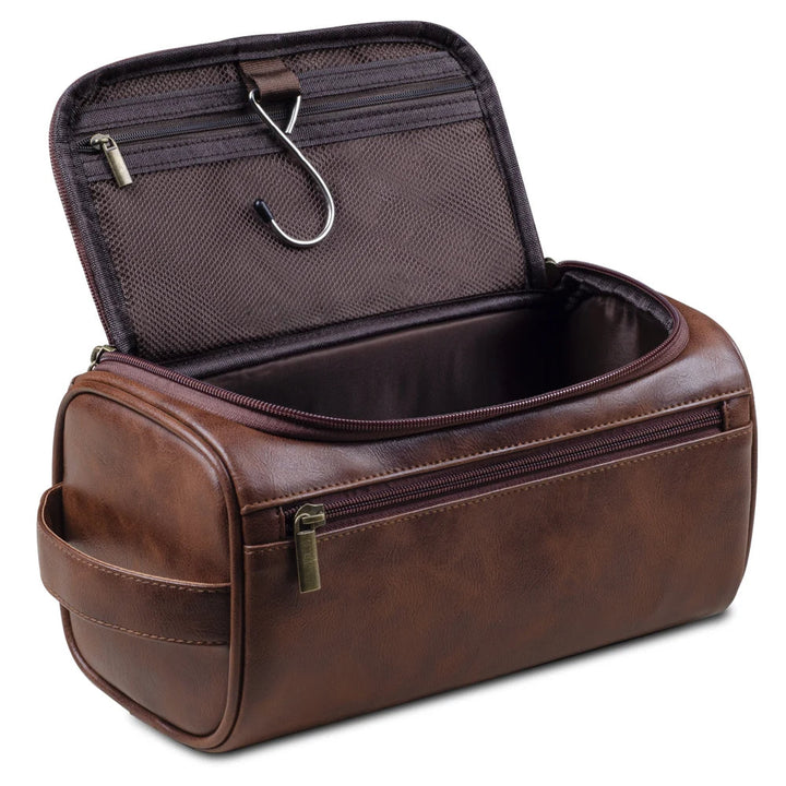 Men's luxury travel toiletry bag with water-resistant lining for organized grooming essentials on the go.