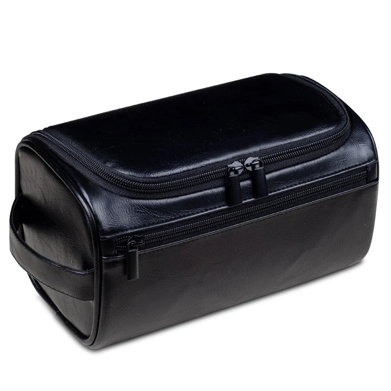Close-up of the luxurious men's dopp kit, highlighting its premium material and water-resistant lining.