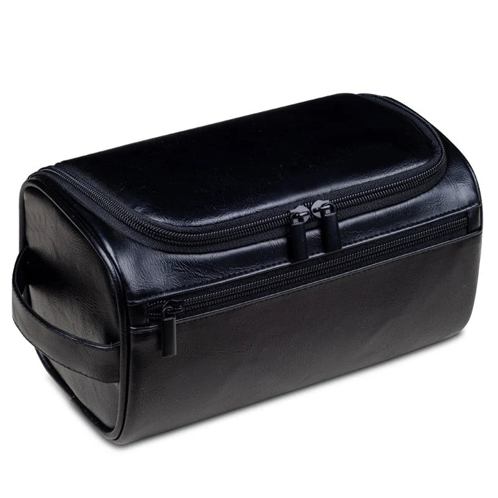 Close-up of the luxurious men's dopp kit, highlighting its premium material and water-resistant lining.